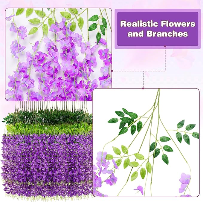 Wisteria Hanging Flowers,Fake Hanging Flowers,Wisteria artificiales Garland for Home Wedding Arch Floral Party Garden Ceremony Outdoor Decor,3.6 feet Long(36,Purple) (36 Pack)