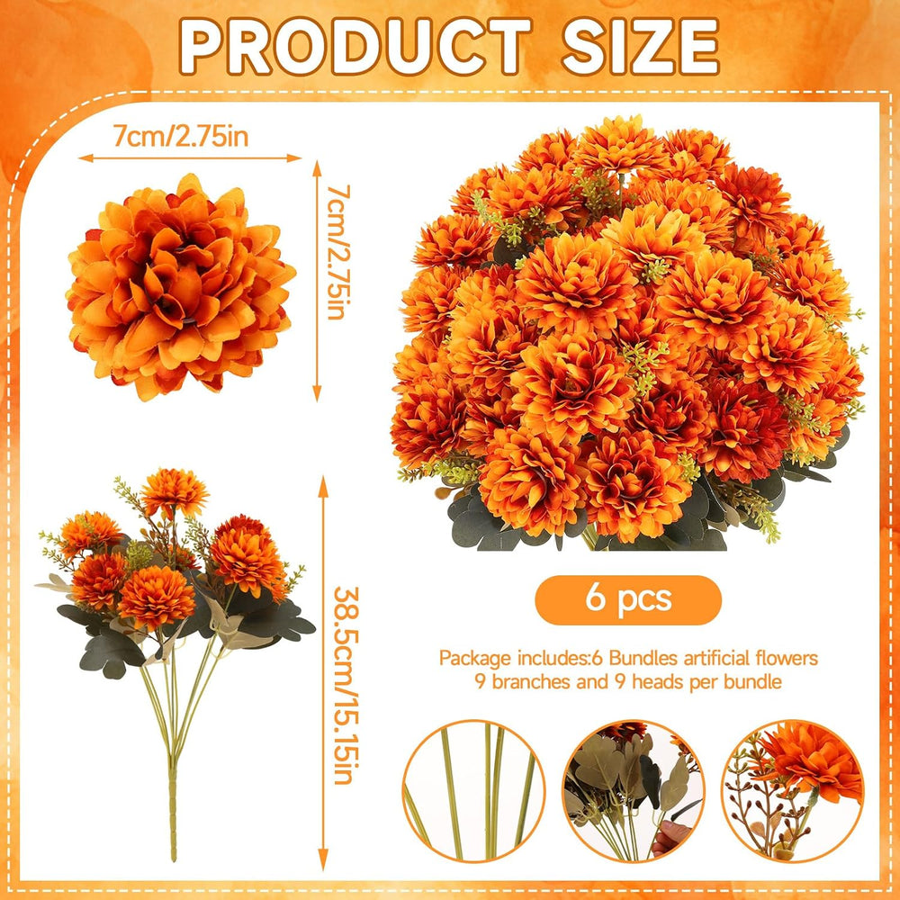6 Pcs 54 Heads Large Fall Flowers Artificial Mums for Outdoor