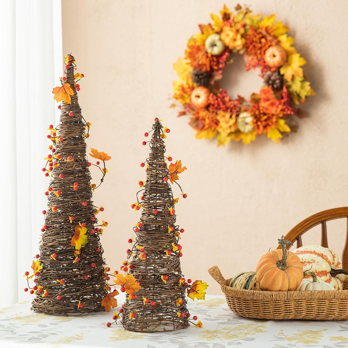 Glitzhome 24" Fall Rattan Berries and Maple Leaves Table Tree Set of 2 - Handcrafted Cone-Shaped Holiday Fall Harvest Decorations for Indoor and Porch Use