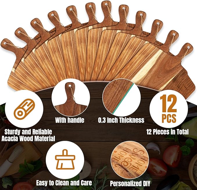 Patelai 12 Packs Wooden Cutting Board Set with Handles Large Kitchen Serving Plain Chopping Board Bulk Gifts for Mom for Vegetables Meat Pizza Cheese Fruit Bread(Acacia Wood,17 x 13 Inch)