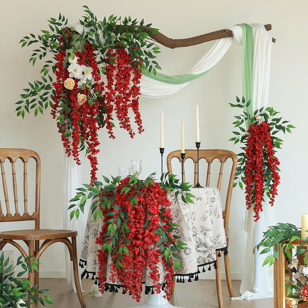 mizii 6Pcs Red Wisteria Hanging Flowers 48" Silk Wisteria Artificial Flo...