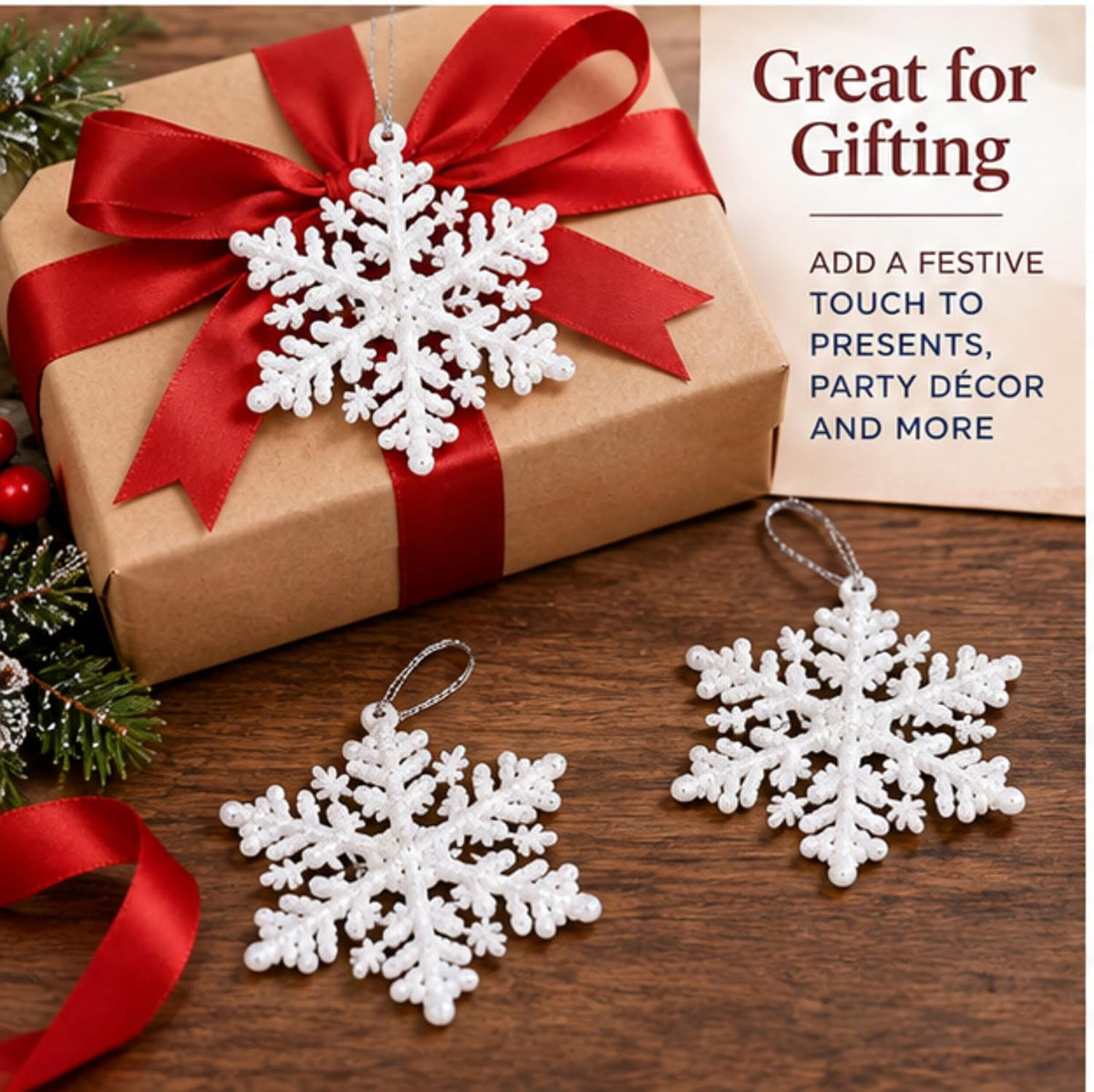 snowflake christmas ornaments 192 pack, 3 inch white showing dimensions