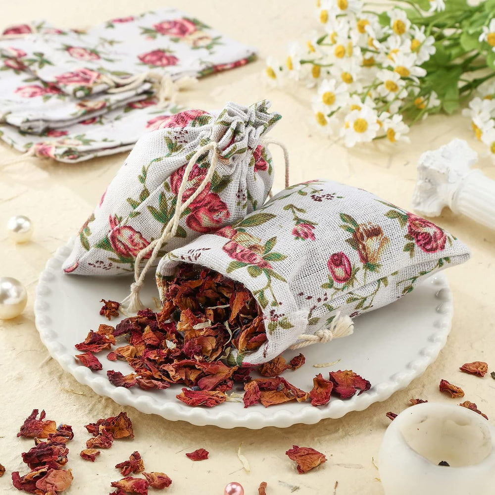Pangda 100 Pcs Floral Burlap Drawstring Bags Small Rose Pouches for Jewelry