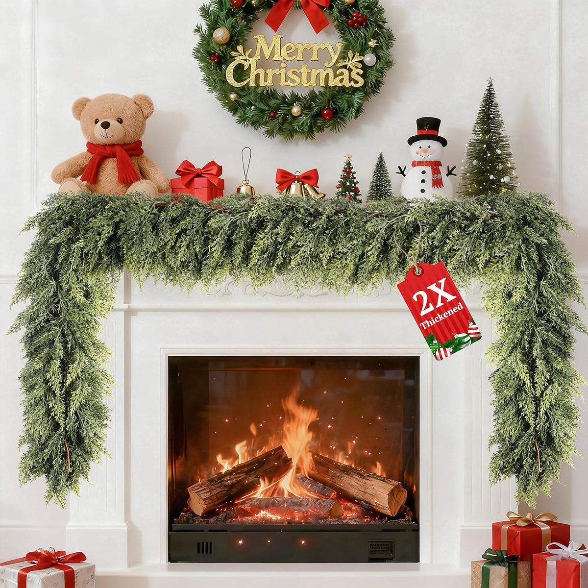 Upgraded 2X Thickened Lush Full Realistic Appearance 6FT Christmas Garland Non-Break Premium Quality Pine Garland for Mantle, Fireplace, Stairs, Indoor & Outdoor Christmas Decorations (1Pcs)