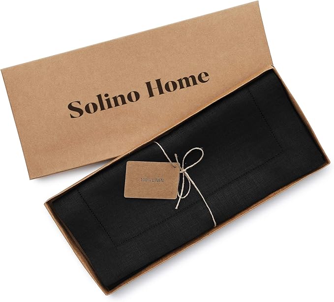 Solino Home Linen Black Table Runner 120 Inches Long - 100% Pure Linen 14 x 120 Inch Table Runner for Fall, Autumn, Halloween, Thanksgiving, Holiday - Classic Hemstitch
