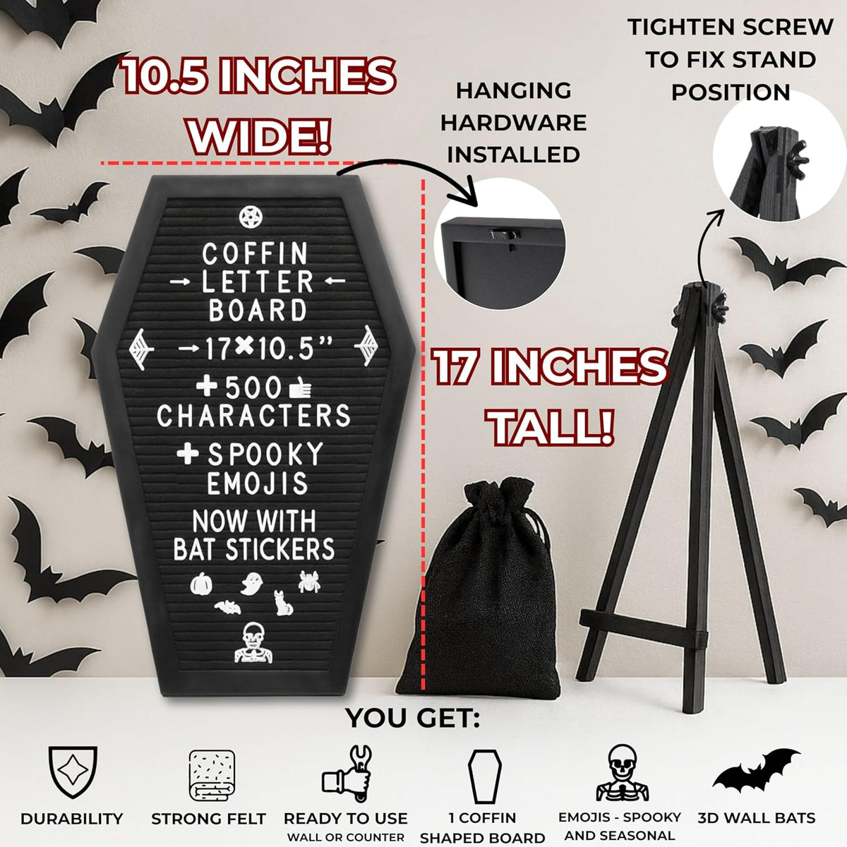 Nomnu Coffin Letter Board, Black Goth Decor with Bat Stickers Spooky Emojis