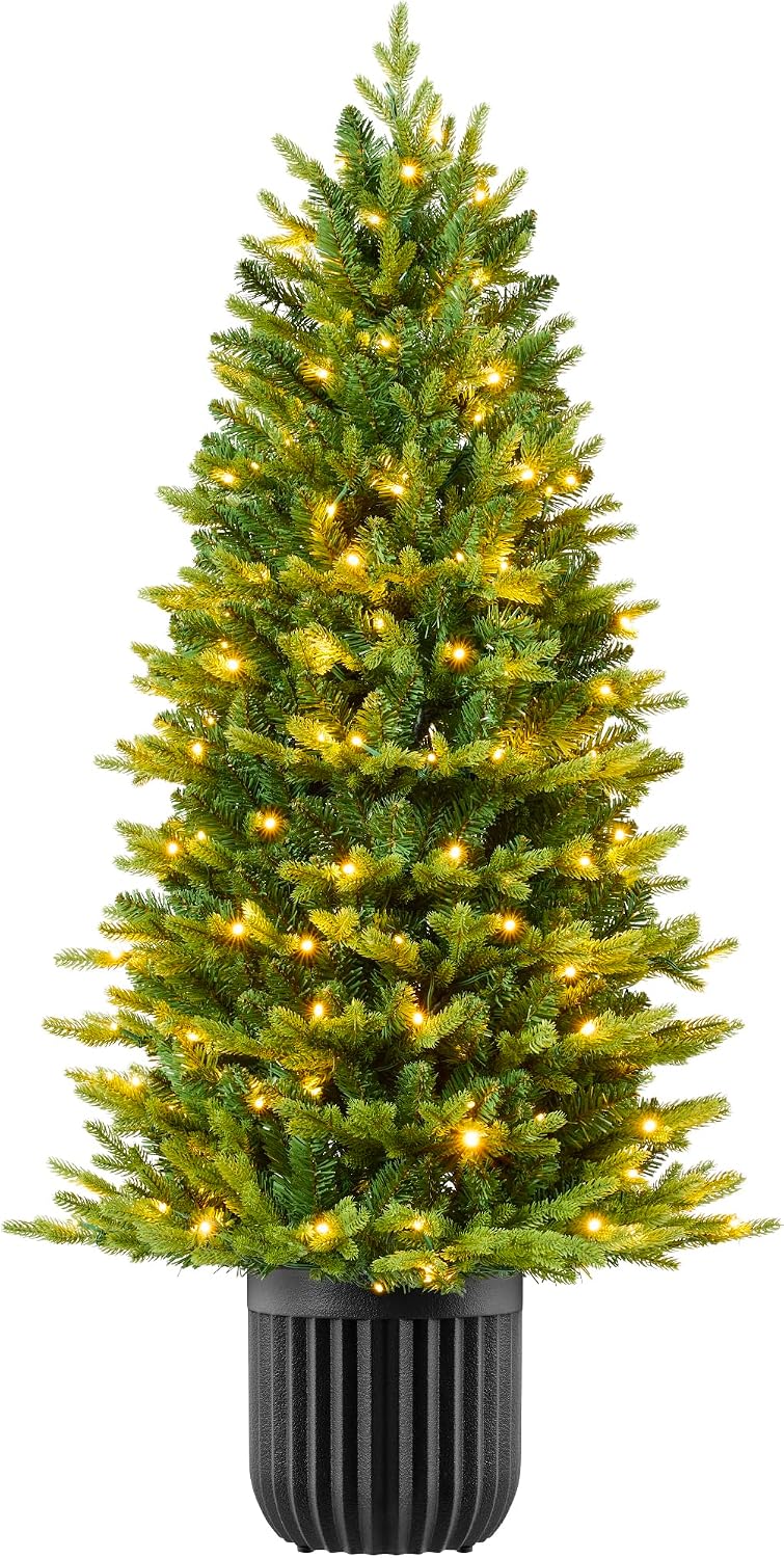 Best Choice Products Prelit Potted Pencil Christmas Tree, 4.5Ft Realistic Artificial Lighted Holiday Décor, 175 Twinkling LEDs for Home, Porch