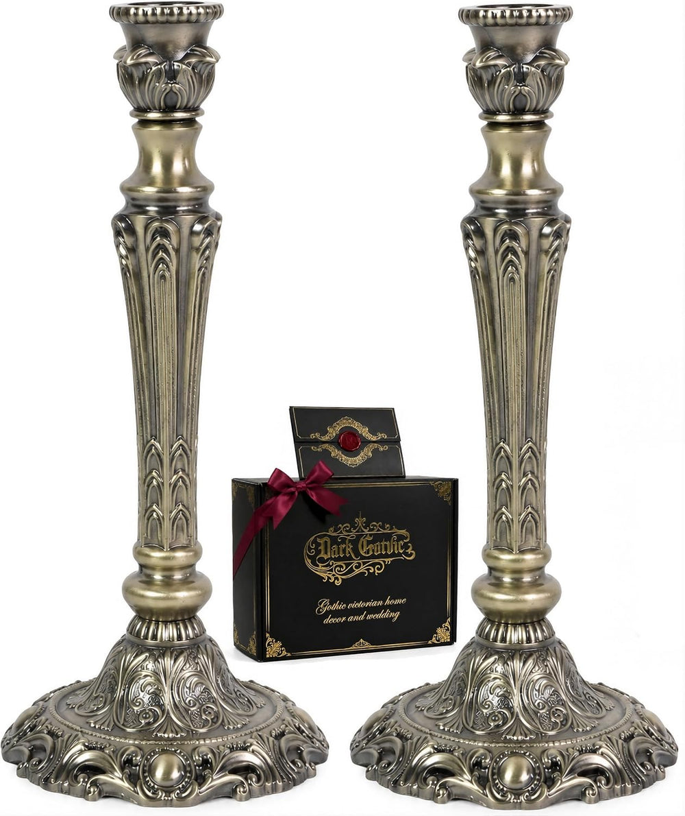Gothic Victorian Candlesticks 2-Pack Aged Silver Metal Taper Candle Holders