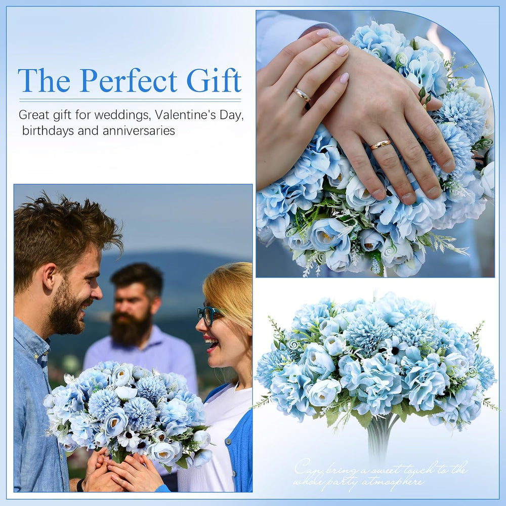 12 Bundles Peonies Artificial Flowers Faux Roses, Blue