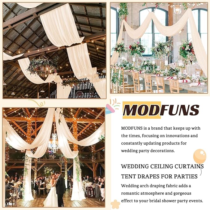 MODFUNS Champagne Ceiling Drapes for Parties 2 Panels 5FTx20FT Sheer Fabric for Draping Chiffon Curtain Ceiling Backdrop Wedding Arch Drapes Fabric Tulle Wedding Curtains Banquet Hall Tent Drapery