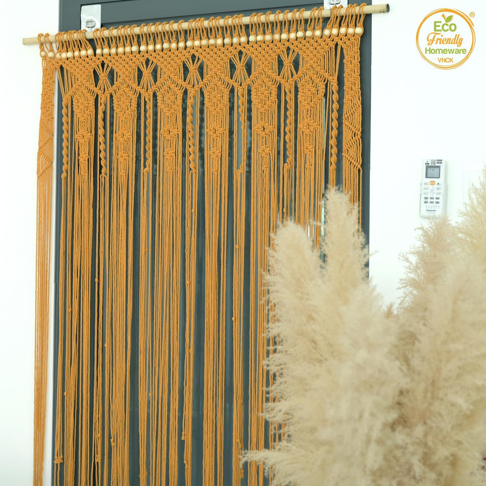 Golden Beaded Door Curtain, Handmade Wood Bead Doorway Curtain for Room Divid...