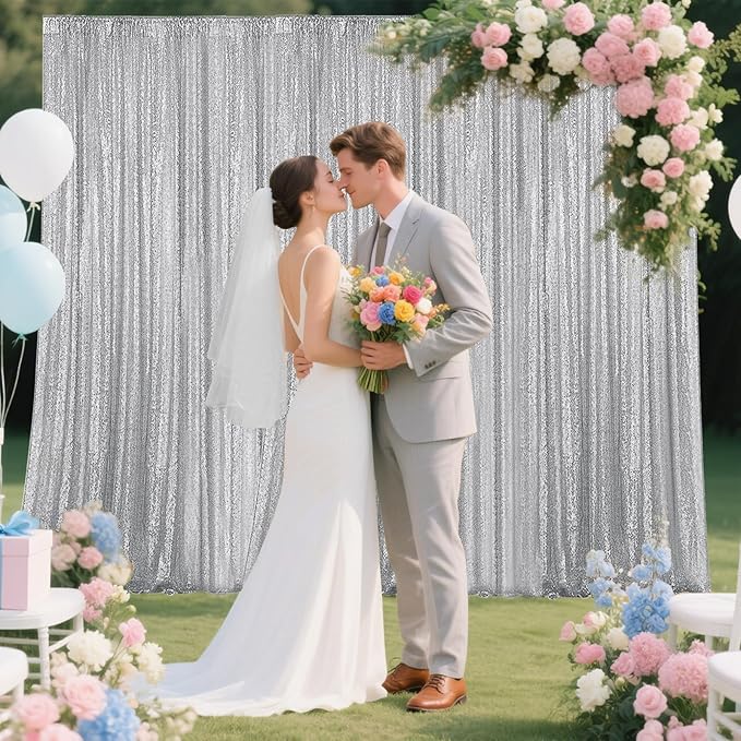 Silver Sequin Backdrop Curtain 4 Pieces 2FTx8FT Glitter Photography Backdrop for Party Wedding Birthday Christmas Decorations