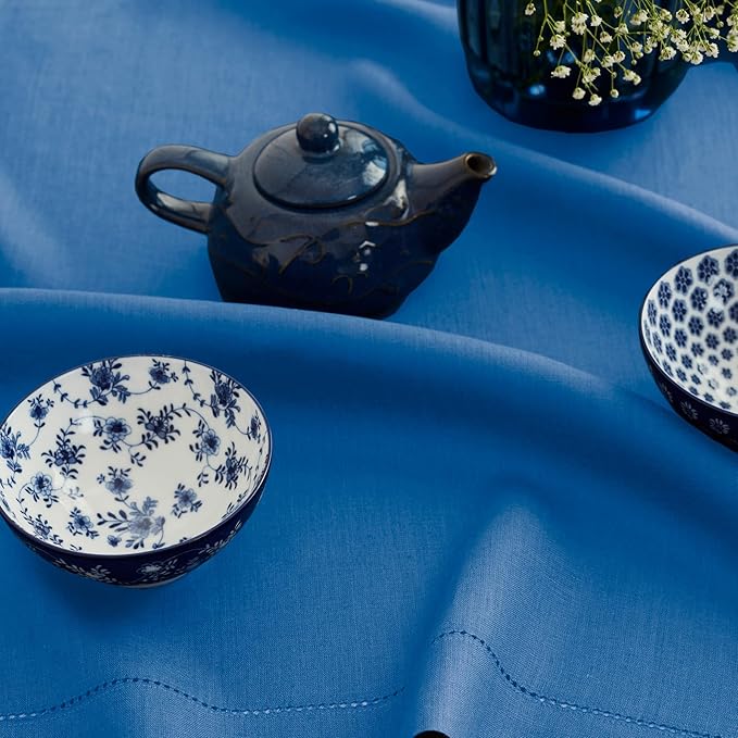 Solino Home Linen Indigo Blue Tablecloth 60 x 132 Inch - Classic Hemstitch, 100% Pure Linen Rectangular Tablecloth - Machine Washable Table Cloth for Fall, Autumn