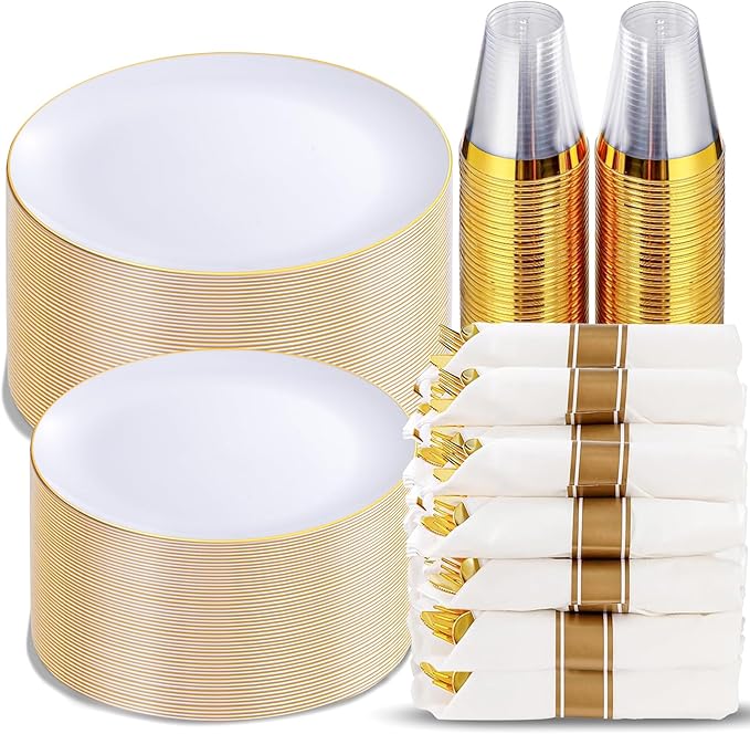 KIRE 350 PCS White and Gold Plates Disposable - Elegant Dinnerware Set of 50 Guest, White Plastic Plates With Gold Rim, Pre Rolled Napkins with Silverware & Cups for Thanksgiving Party/Wedding