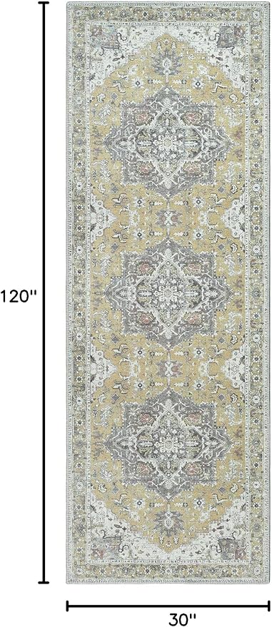 Bloom Rugs Washable Non-Slip 10 ft Runner - Yellow Traditional Medallion Runner for Entryway, Hallway, Bathroom, and Kitchen - Exact Size: 2.5' x 10'