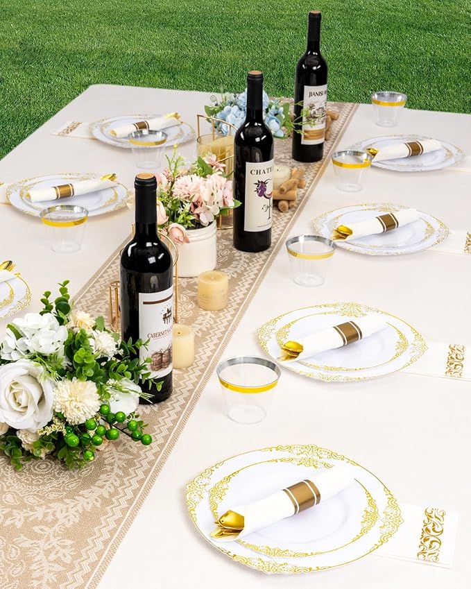 Goodluck 350 Piece Gold Plastic Dinnerware Set for 50 Guests, Fancy Disposable Plates, Include: 100 Gold Rim Plastic Plates, 150 Silverwares, 50 Pre Rolled Napkins, 50 Cups for Party, Wedding