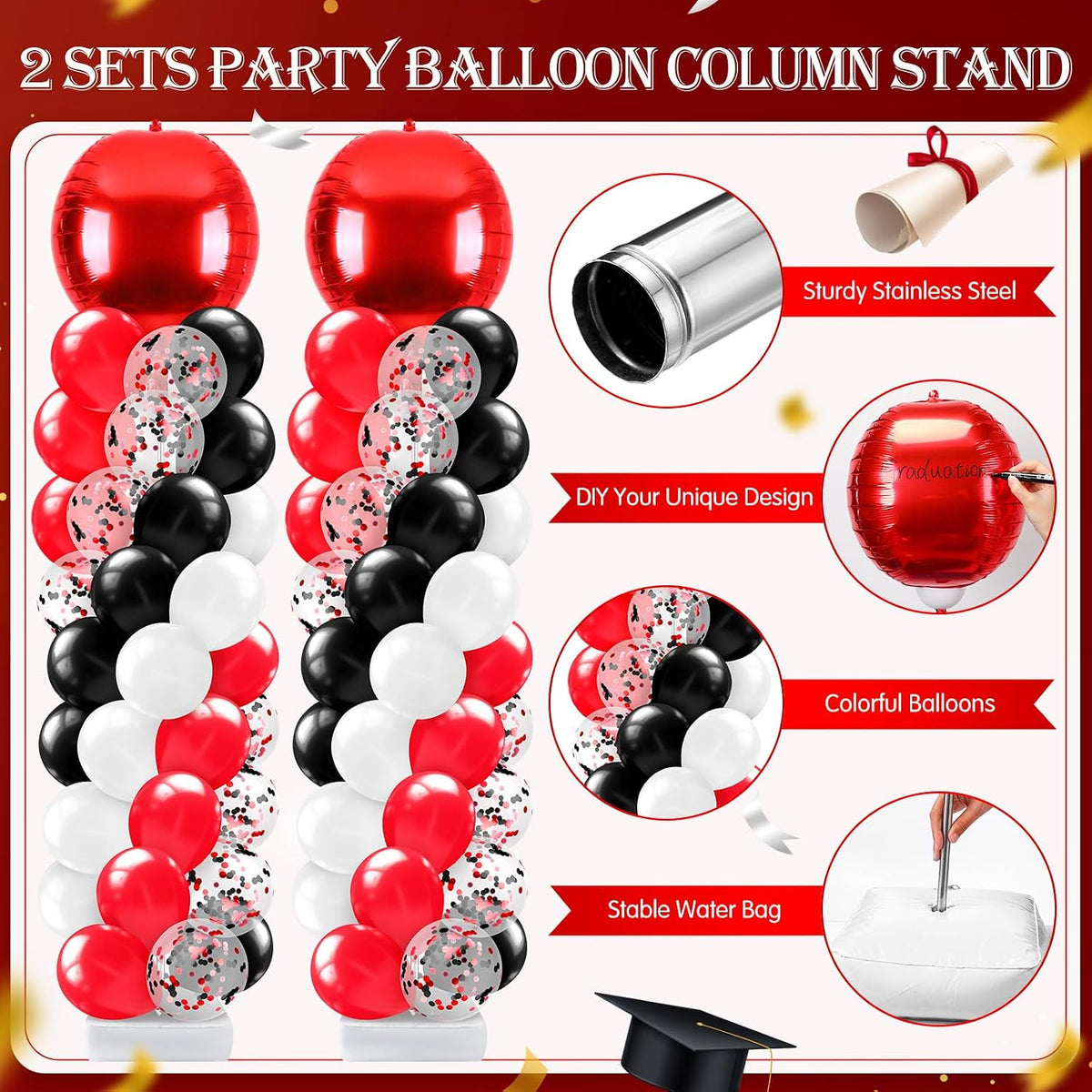 2 Sets Red Black and White Balloon Column Stand Kit, Adjustable Floor Balloon Arch Tower with Foil & Latex Balloons, DIY Decor for Birthday Ceremony Backdrop