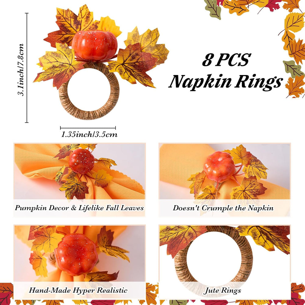 Fall Thanksgiving Decorations Set of 16, Fall Cloth Napkins & Napkin Rings