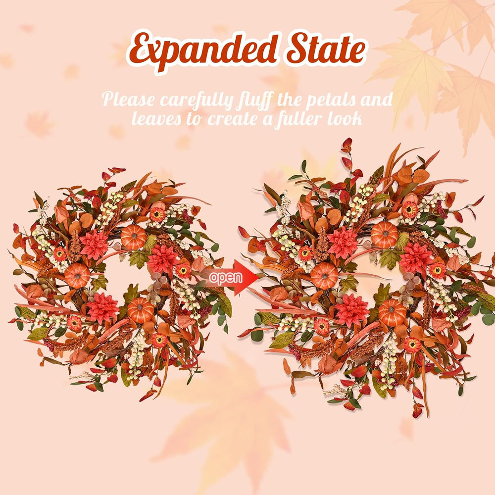 24 Inch Pumpkin Fall Wreath for Front Door with Berry & Mixed Leaves