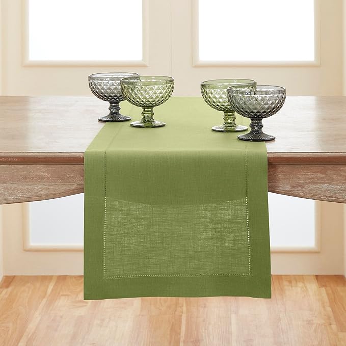 Solino Home Linen Moss Green Table Runner 132 Inches Long - 100% Pure Linen Extra Long Table Runner 14 x 132 Inch for Fall, Autumn, Thanksgiving - Classic Hemstitch