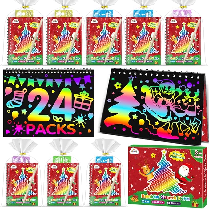ZMLM Rainbow Scratch Party Favors Kids: Birthday Gifts Toy Bulk Scratch Art Notebook 24 Pack Birthday Goodie Bags Stuffers Girls Boys Art Craft Pad Classroom Prizes School Teacher Supplies (Christmas)