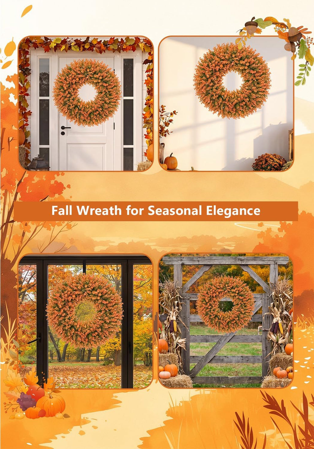 26" fall wreath for front door, outdoor autumn, package contents