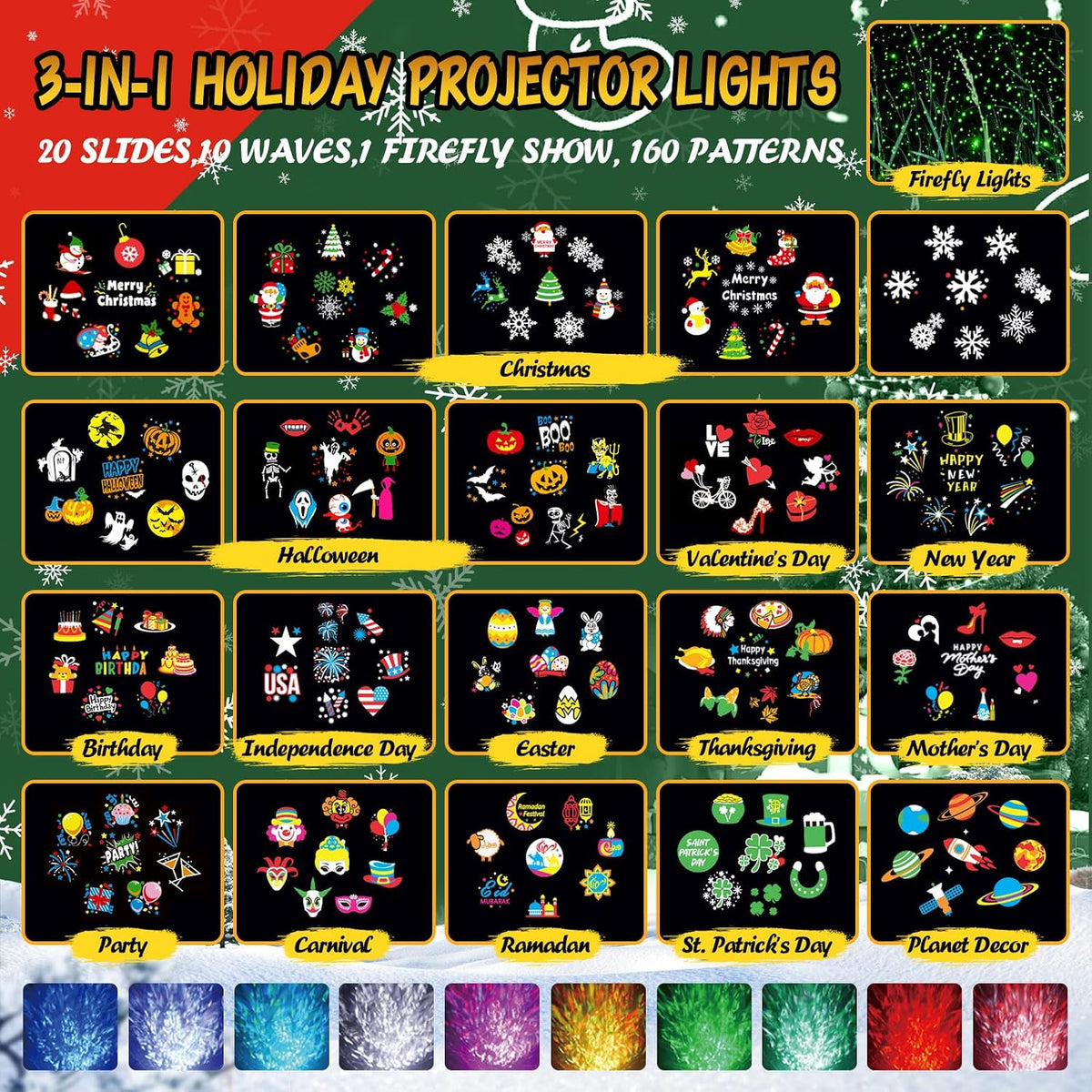 christmas projector lights outdoor with ocean wave & shown in use