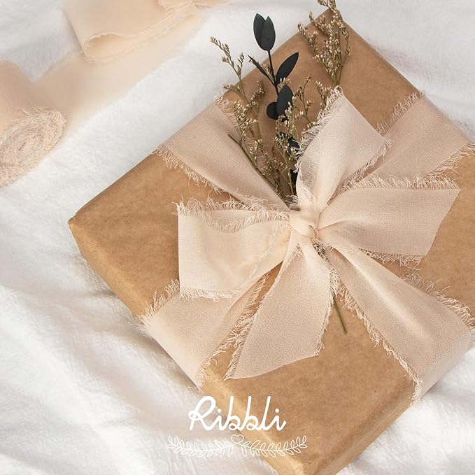 Ribbli Chiffon Ribbon - 1.5 inch x 30 Yard Champagne/Nude Silk, Handmade for Wedding Invitations, Gift Wrapping, Bridal Bouquets, Flower Arrangements