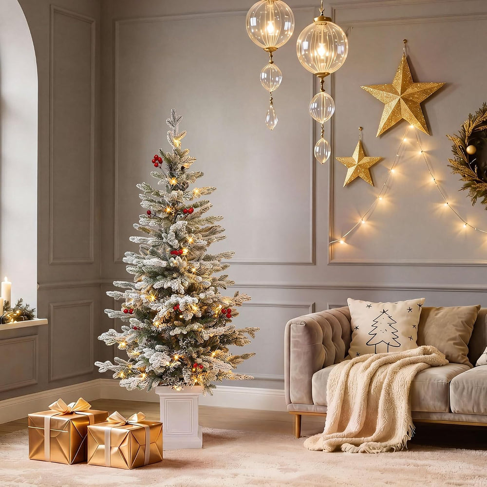 DWVO 4.5ft Pre-lit Flocked Arctic Fir Pencil Tree with Lights