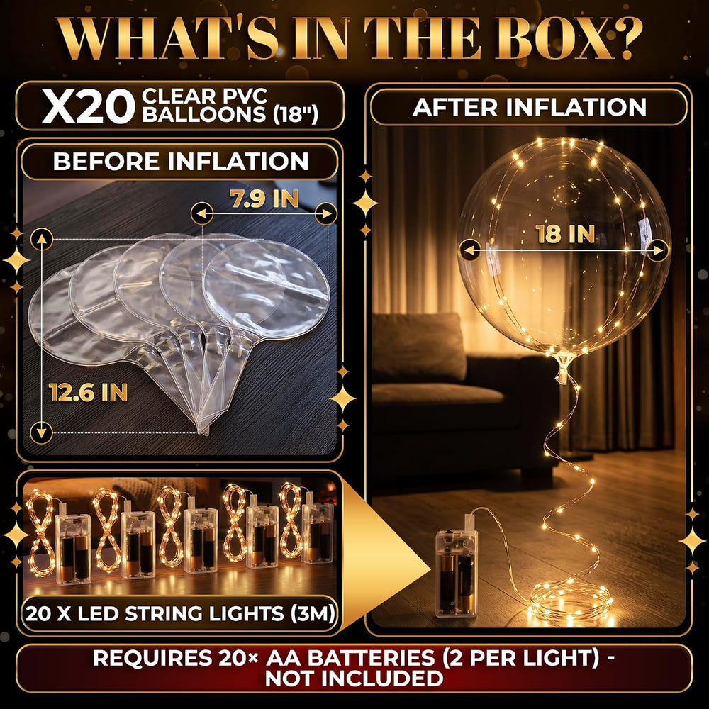 20 Pcs Gold LED Balloons Light Up Balloons, 18 In Balloon Lights