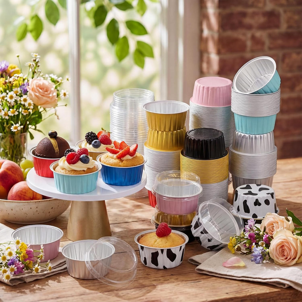 Eaasty 240 Pcs Aluminum Foil Baking Cup with Lid Cake Pan, Multicolor