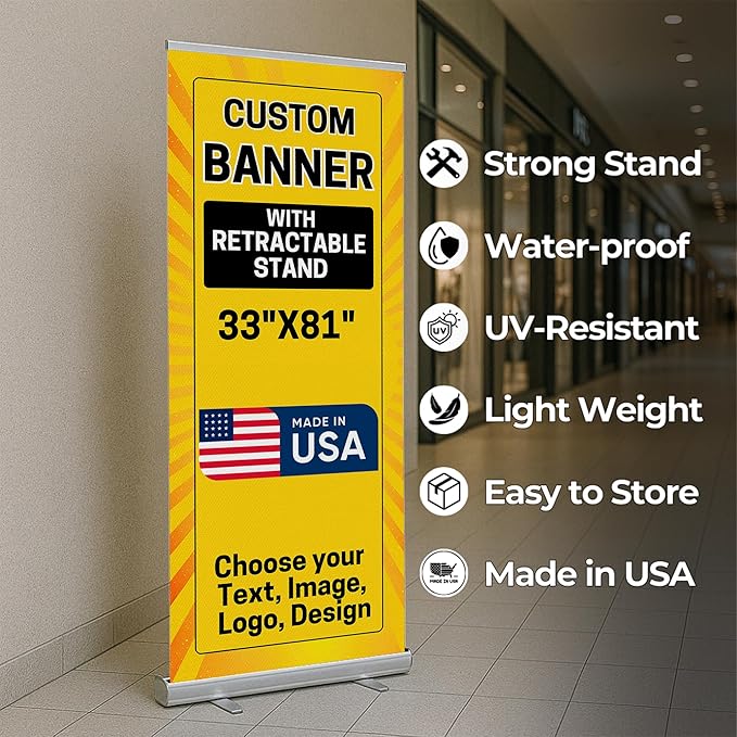 Custom Retractable Banner With Stand By Dreamcontroller(33" X 81") | Personalized Roll Up Banner For Advertising, Stores, Trade Show, Events, Birthday & Party | Made In Usa | Hd Print
