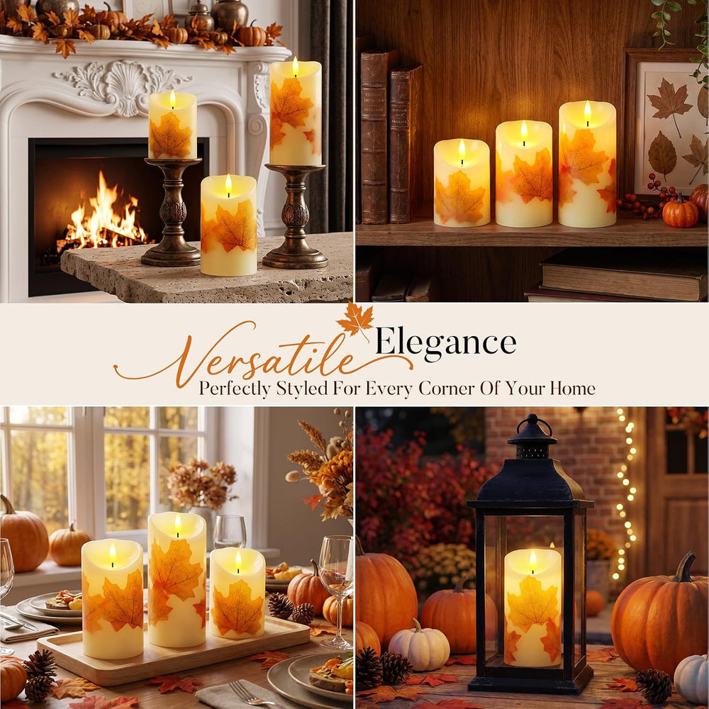 Raycare Maple Leaf Real Wax Flameless LED Pillar Candles with Timer Remote