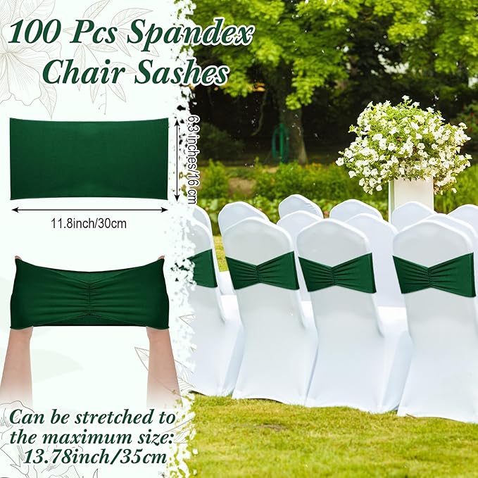 Moukeren 100 Pcs Spandex Chair Sashes Bows Bands Slider Sashes for Chair Covers Elastic Bands Ties Ribbon Decorations for Wedding Party Events Ceremony Birthday Banquet (Dark Green)