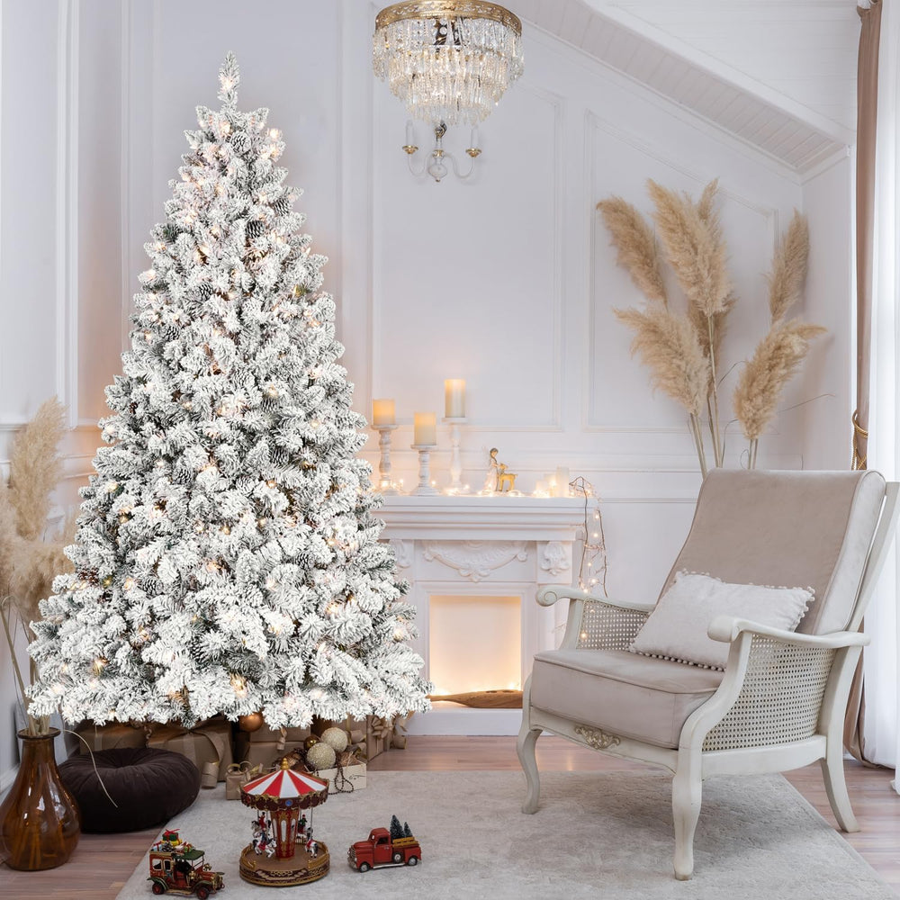 7FT Prelit Flocked Christmas Tree with Pine Cone, Premium Artificial Christma...