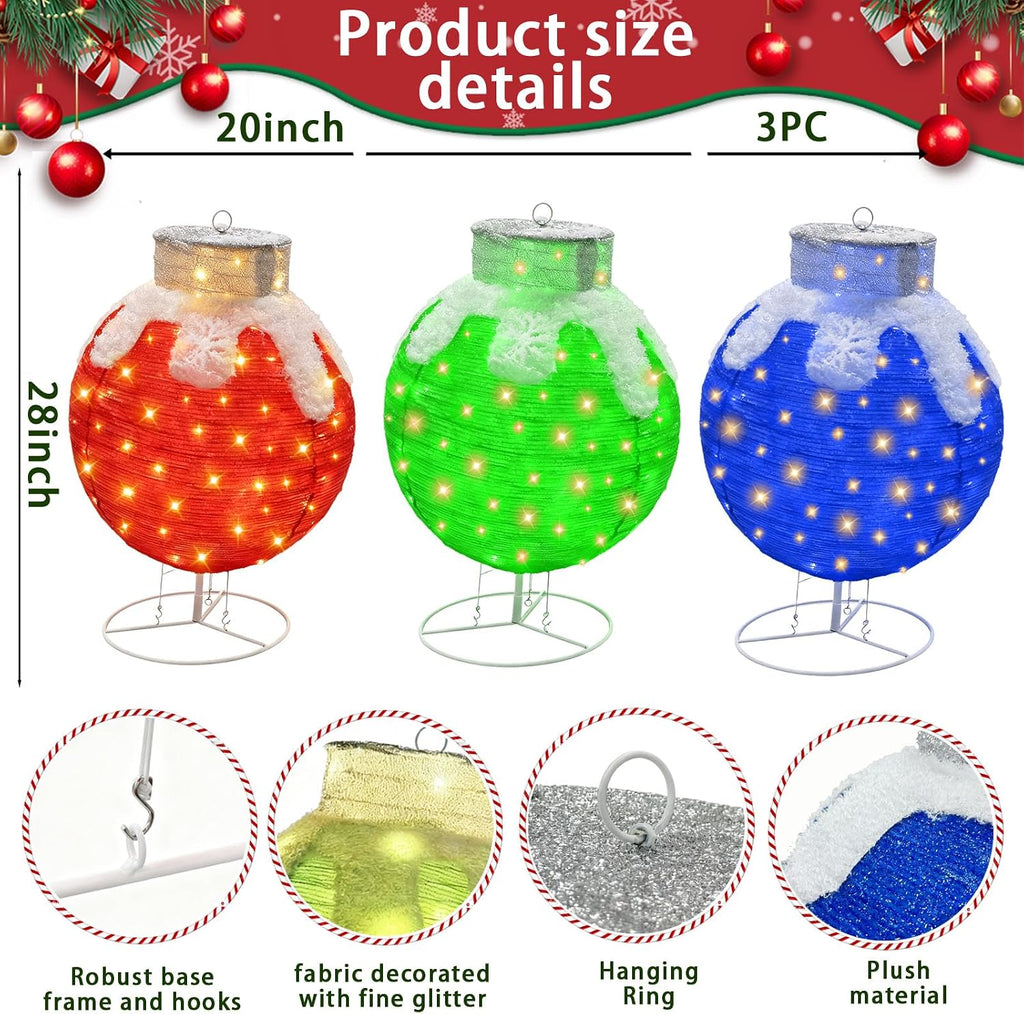 christmas ball lighted, 3pc set holiday balls with showing dimensions