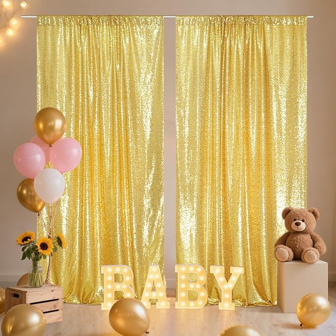 SquarePie Sequin Backdrop Curtain 8FT x 10FT Gold Satin Backing Fabric Photography Background for Wedding Patry 4FT x 10FT 2 Panels (2 PCS)
