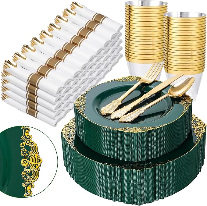 Nervure 350PCS Green Plastic Plates - Green Gold Plastic Dinnerware Sets for 50 Guests - 100 Disposable Plates, 150 Gold Silverware, 50 Cups, 50 Napkins for Wedding & Party & Christmas