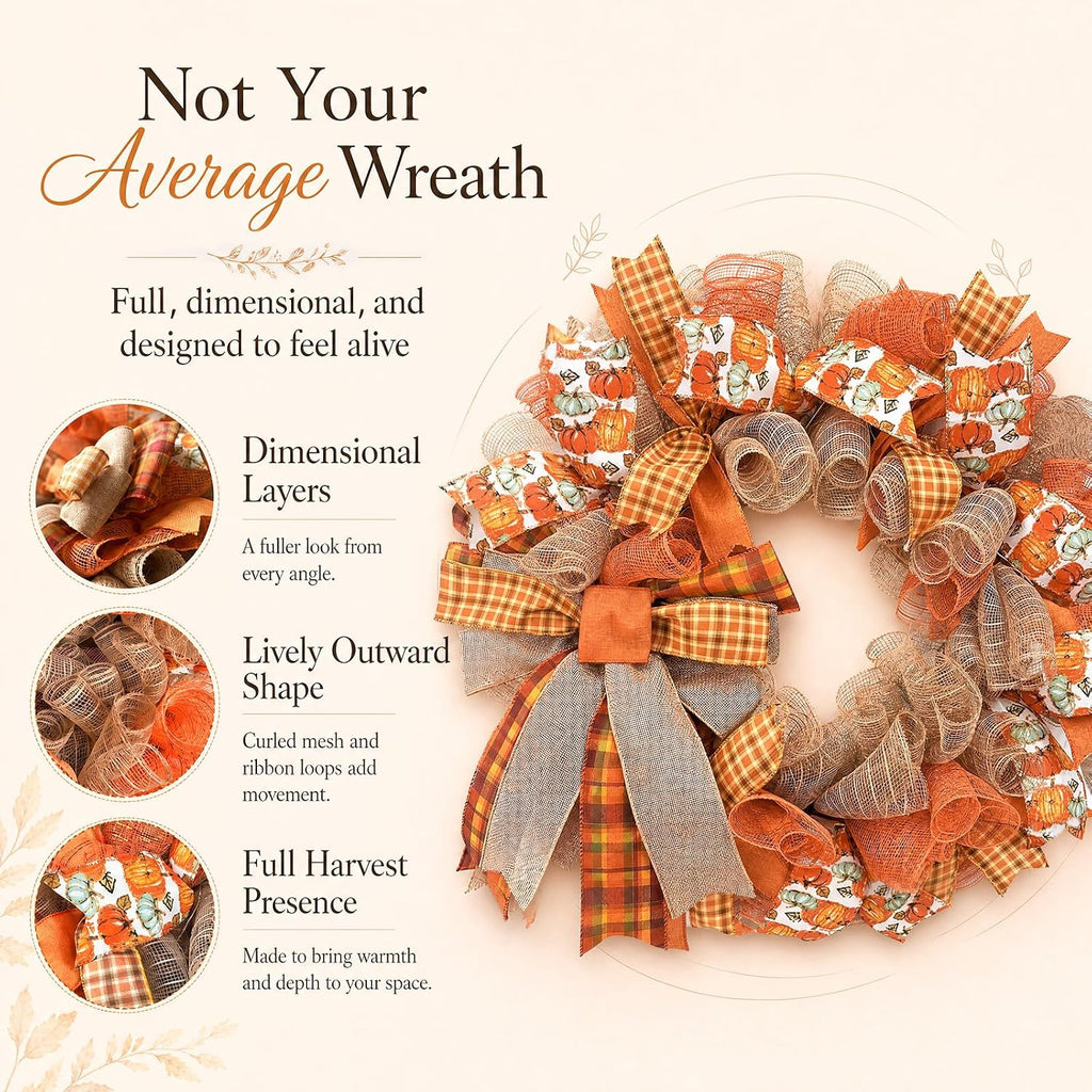 24 Inch Fall Wreaths for Front Door, Pumpkin Wreath