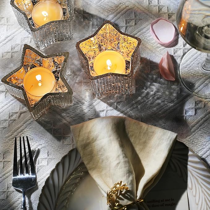 Letine 10pcs Silver Ribbed Star Candle Cups - Assorted Height Tea Light Holders, Votive Candle Holders forWedding, Fall Table Centerpiece, Mercury Glass Lucky Star Jar Decor(Tall 2.44", Short 1.57")