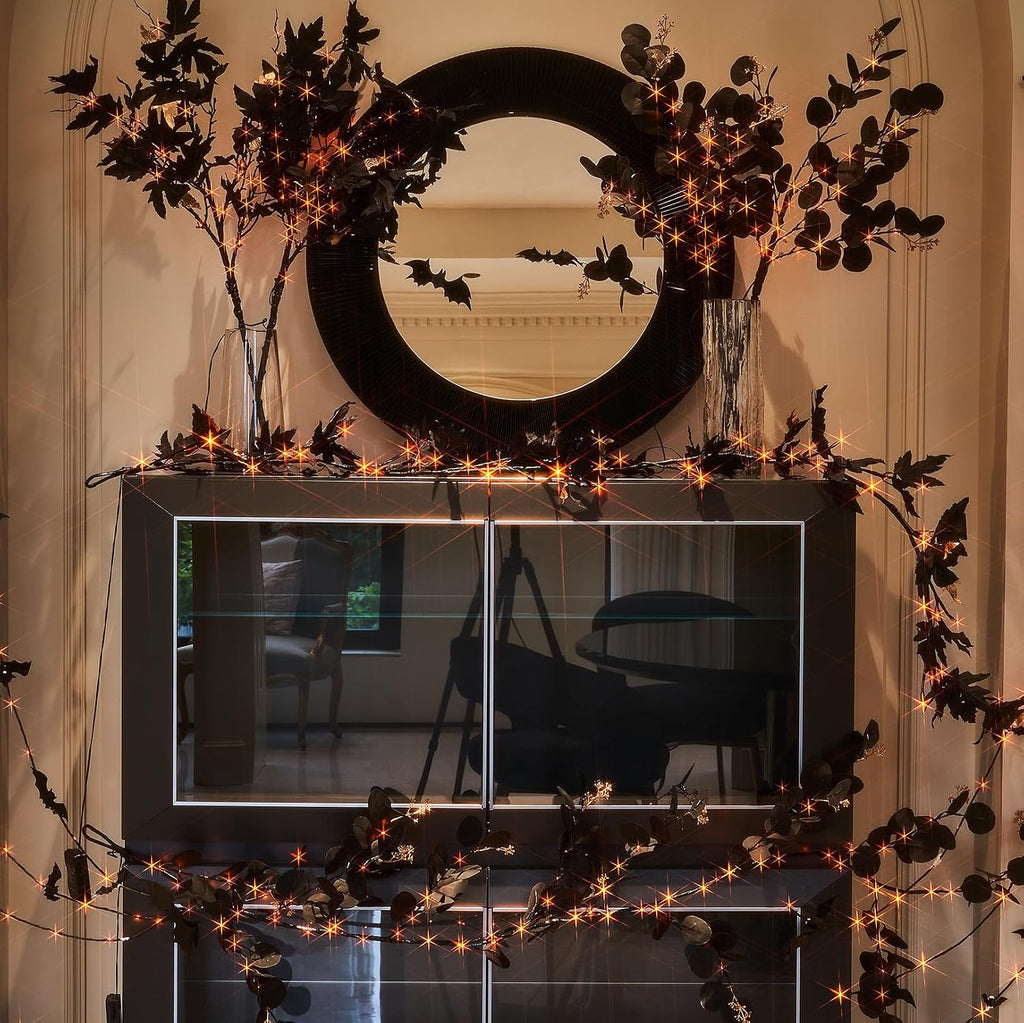 BAOLITVINE Lighted Halloween Black Eucalyptus Garland