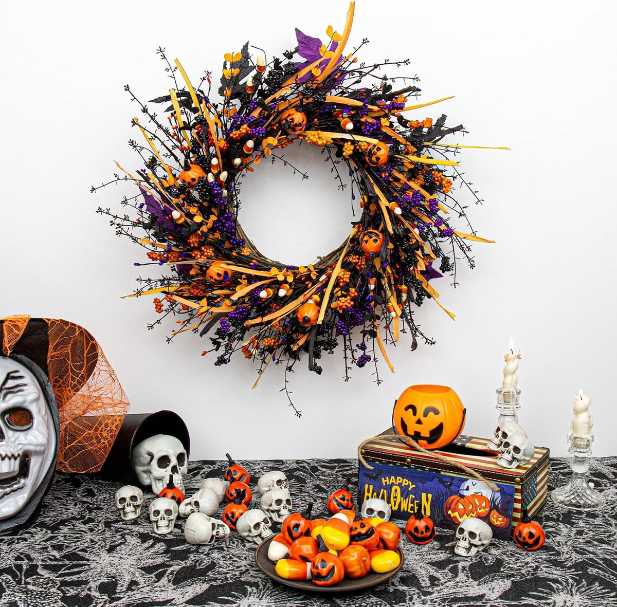 j'floru black halloween wreath 22 inch artificial halloween shown in use