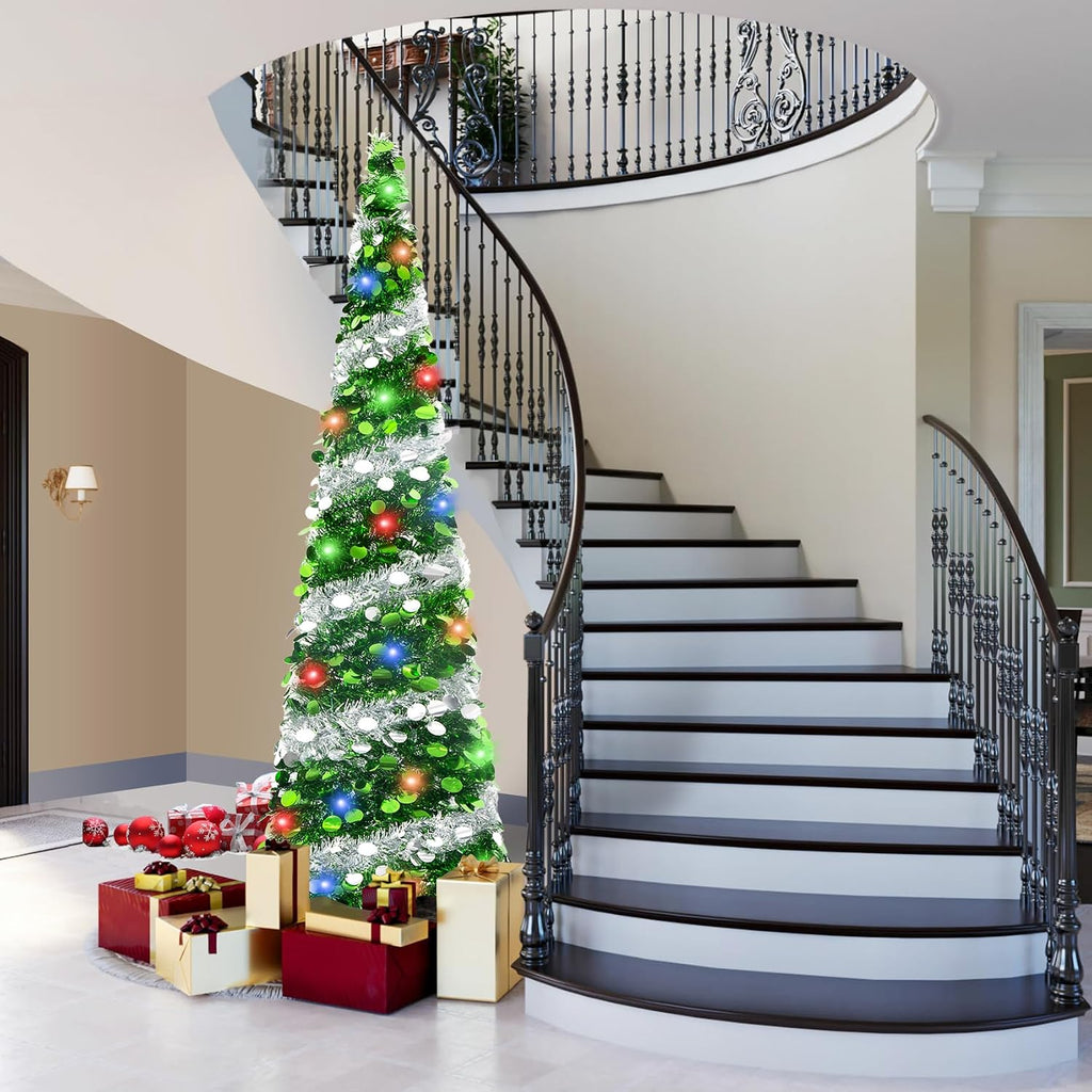 5Ft Pop Up Christmas Tree with Lights, Collapsible Pencil Tree Green Silver, Skinny Christmas Tree Slim Xmas Tree, Artificial Tinsel Tree Foldable for Home Apartment Holiday Party Winter Decor