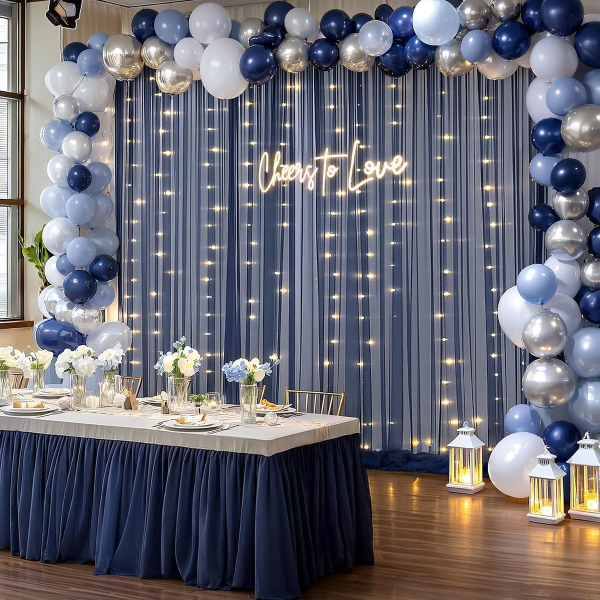 30×10ft navy blue tulle backdrop curtain with lights, package contents