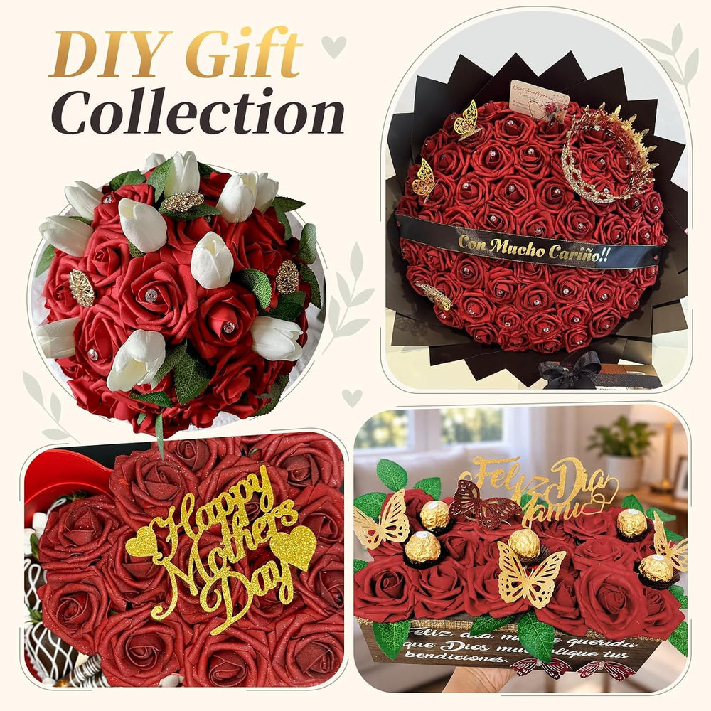 AmyHomie Dark Red Rose 100pcs Real Looking Artificial Flowers w/Stem