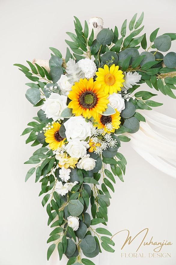 Artificial Arch Flowers Kit(Pack of 4),2Pcs Artificial Flower Arch Decor, 2Pcs Drapes, Ceremony and Reception Background Rose Decoration, Rose Sunflower Floral and Outdoor Party Decor