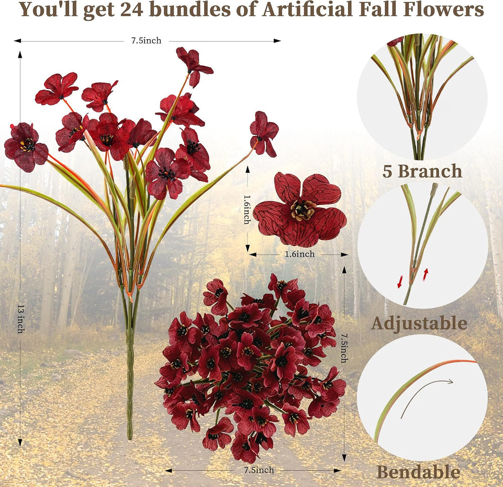 24PCS Burgundy Artificial Flowers for Outdoors Faux Mums Plant