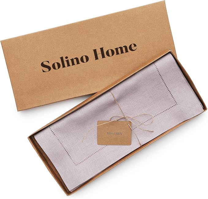 Solino Home Linen Table Runner 36 Inches - 100% Pure Linen Lilac Hemstitch Table Runner 14 x 36 Inch Ideal for Dresser and Coffee Tables - Classic Hemstitch