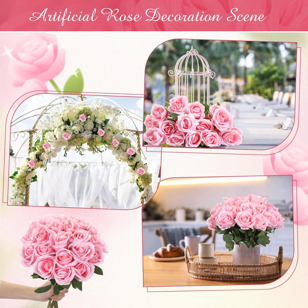 Lyrow 200 Pcs Artificial Roses Flowers Bulk, Fake Realistic Rose,Pink