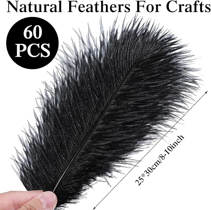Crowye 60 Pcs Ostrich Feathers Bulk for Centerpieces Craft Ostrich Feathers for Vase Wedding Masquerade Party Home Costume Decorations (10-12 Inch,Black)